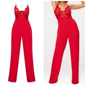 PrettyLittleThing Lace Top Red Jumpsuit